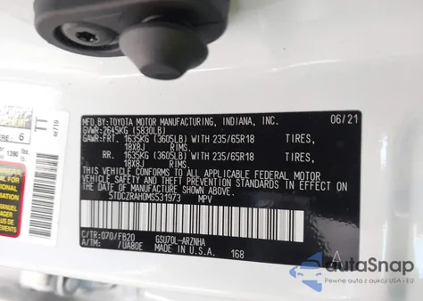 2021 Toyota Highlander L z USA, uszkodzony, nr VIN 5TDCZRAH0MS531973